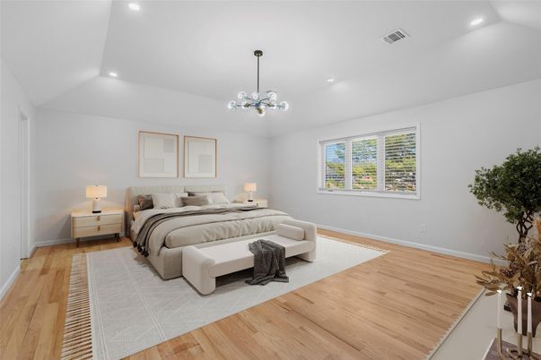Bedroom, Interior, Pendant Lights, Recessed Lighting, Wood Texture Flooring