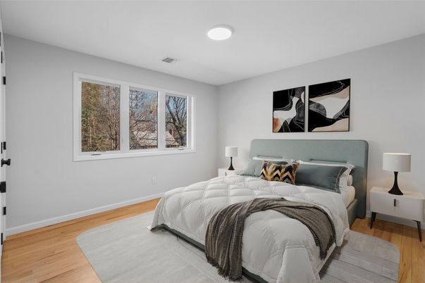 Bedroom, Interior, Recessed Lighting, Wood Texture Flooring