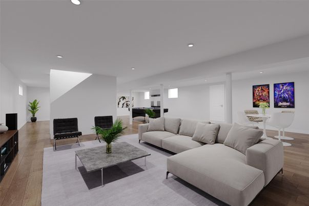 Dining room, Interior, Living room, Recessed Lighting, Wood Texture Flooring