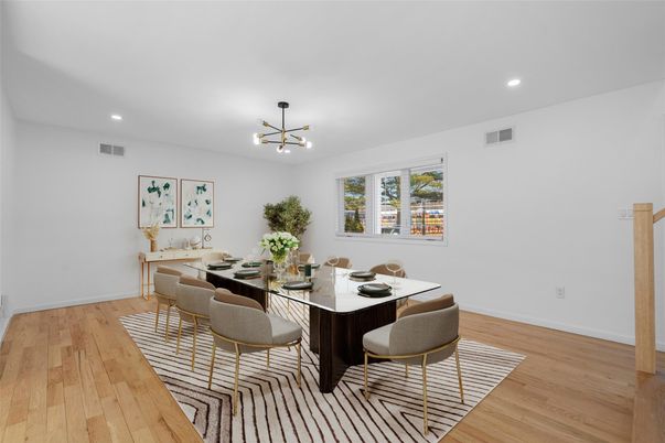 Dining room, Interior, Pendant Lights, Recessed Lighting, Wood Texture Flooring