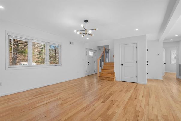 Empty room, Interior, Pendant Lights, Recessed Lighting, Wood Texture Flooring