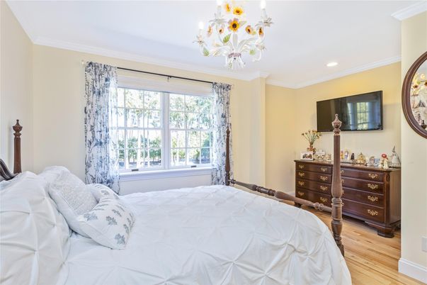 Bedroom, Chandelier, Interior, Recessed Lighting, Wood Texture Flooring