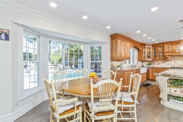 Dining room, Interior, Kitchen, Pendant Lights, Recessed Lighting, Wood Texture Flooring