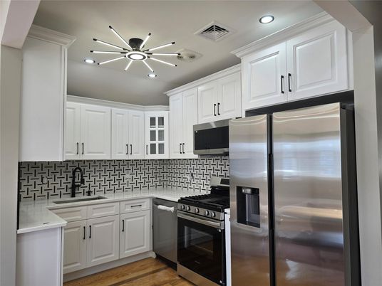 Interior, Kitchen, Pendant Lights, Recessed Lighting, Stainless Steel Appliances, Wood Texture Flooring
