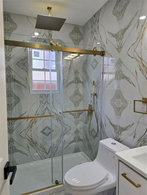 Bathroom, Glass Shower, Interior, Marble Walls, Recessed Lighting