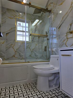 Bathroom, Glass Shower, Interior, Marble Walls, Recessed Lighting