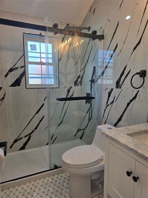Bathroom, Glass Shower, Interior, Marble Walls