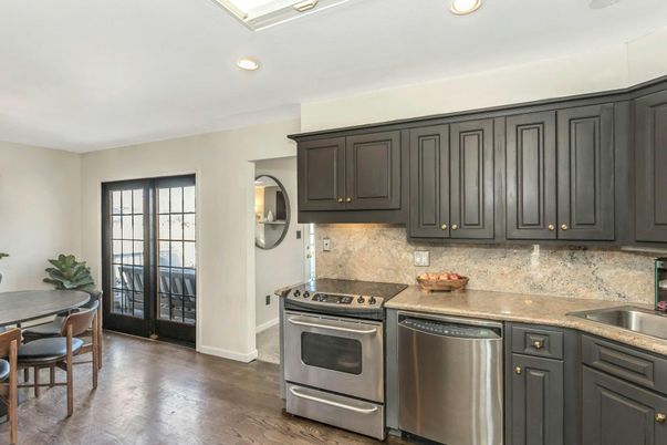 Dining room, Interior, Kitchen, Recessed Lighting, Stainless Steel Appliances, Wood Texture Flooring