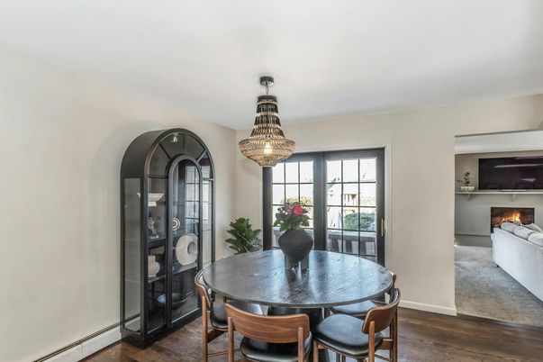 Chandelier, Dining room, Fireplace, Interior, Living room, Wood Texture Flooring