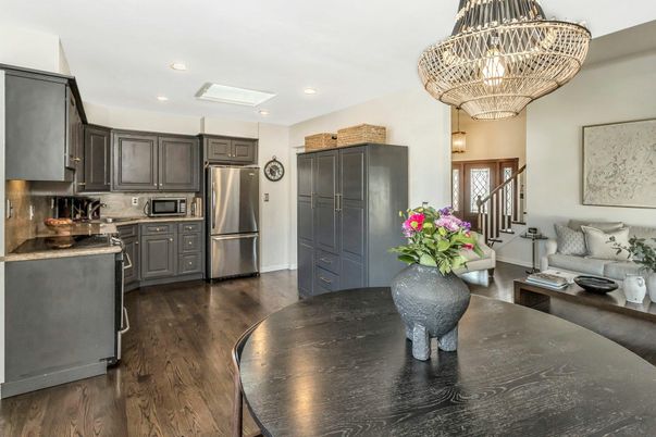 Chandelier, Interior, Kitchen, Recessed Lighting, Stainless Steel Appliances, Wood Texture Flooring