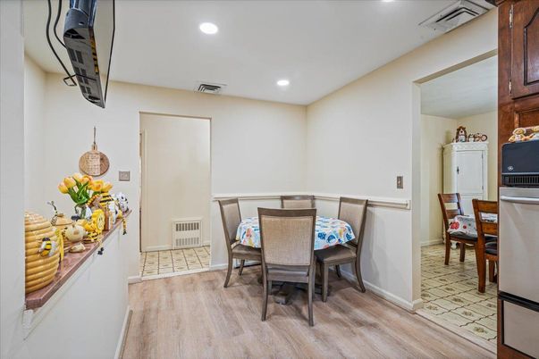 Dining room, Interior, Recessed Lighting, Wood Texture Flooring