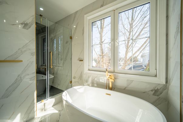 Bathroom, Free Standing Baths, Glass Shower, Interior, Marble, Marble Walls, Recessed Lighting