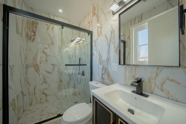 Bathroom, Glass Shower, Interior, Marble Walls, Recessed Lighting