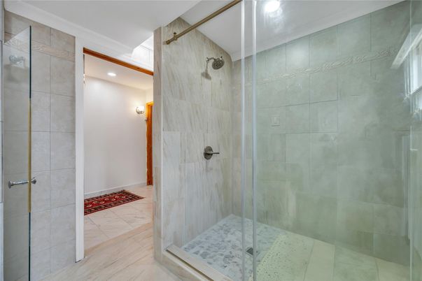 Bathroom, Glass Shower, Interior, Marble, Recessed Lighting