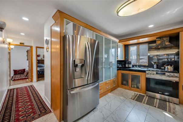 Interior, Kitchen, Marble, Recessed Lighting, Stainless Steel Appliances