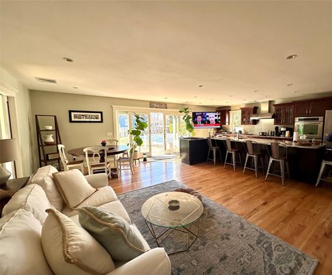 Dining room, Interior, Kitchen, Living room, Recessed Lighting, Wood Texture Flooring