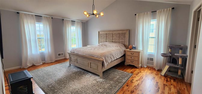 Bedroom, Interior, Pendant Lights, Wood Texture Flooring