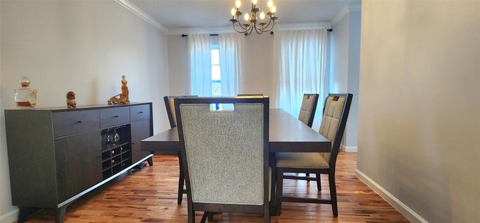 Chandelier, Dining room, Interior, Wood Texture Flooring