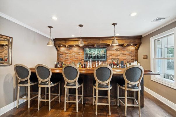 Interior, Pendant Lights, Recessed Lighting, Stone Walls, Wood Texture Flooring
