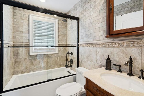 Bathroom, Glass Shower, Interior, Recessed Lighting, Stone Walls