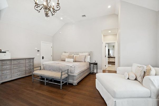 Bedroom, Chandelier, Interior, Recessed Lighting, Wood Texture Flooring