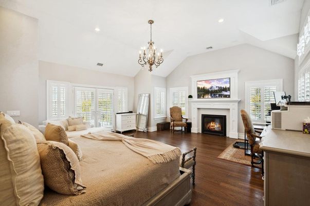 Chandelier, Fireplace, Home Office, Interior, Living room, Recessed Lighting, Wood Texture Flooring
