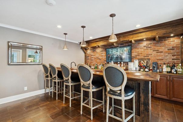 Interior, Pendant Lights, Recessed Lighting, Stone Walls, Wood Texture Flooring