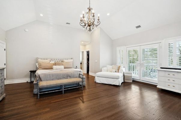 Bedroom, Chandelier, Interior, Recessed Lighting, Wood Texture Flooring
