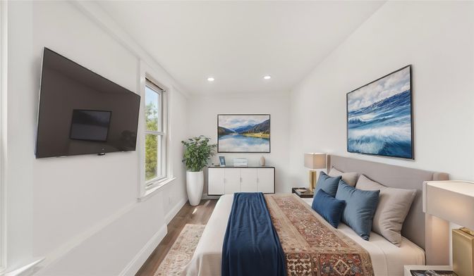Bedroom, Interior, Recessed Lighting, Wood Texture Flooring