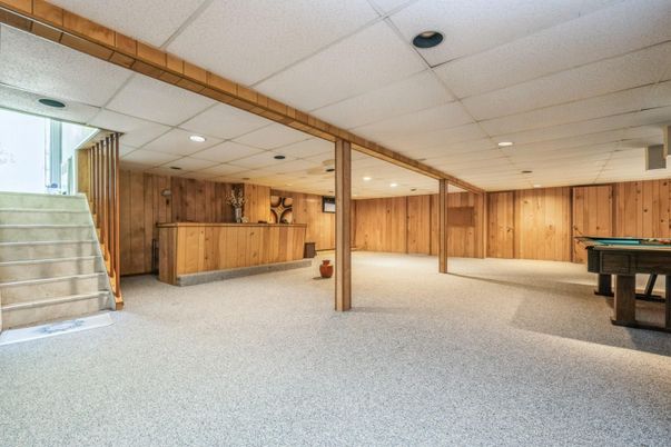 Billiard Table, Game Room, Interior, Recessed Lighting, Wooden Walls