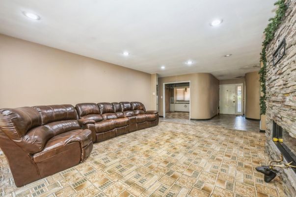 Fireplace, Interior, Living room, Recessed Lighting, Stone Walls