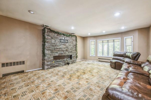 Fireplace, Interior, Living room, Recessed Lighting, Stone Walls