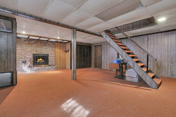 Fireplace, Interior, Recessed Lighting, Stone Walls