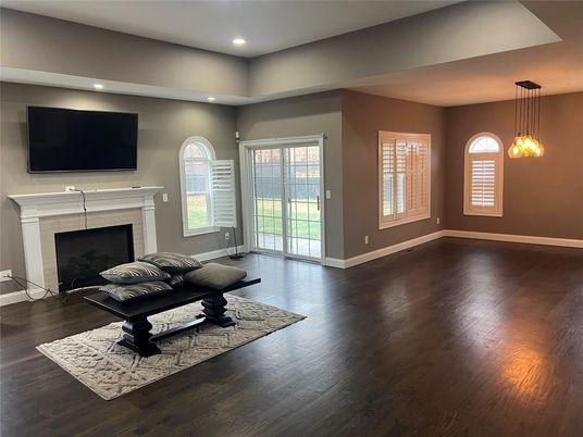 Empty room, Fireplace, Interior, Pendant Lights, Recessed Lighting, Wood Texture Flooring