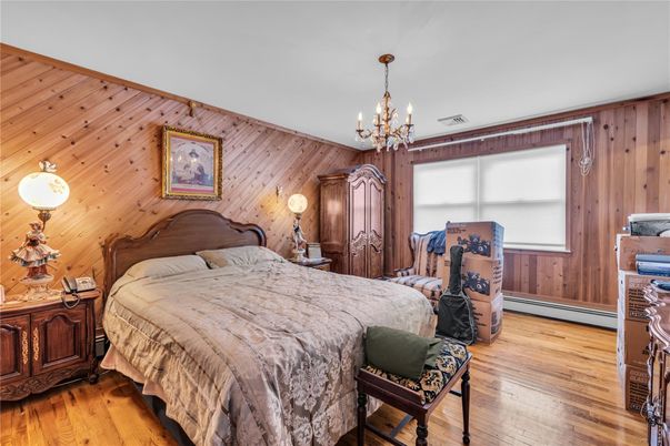 Bedroom, Chandelier, Interior, Wood Texture Flooring, Wooden Walls