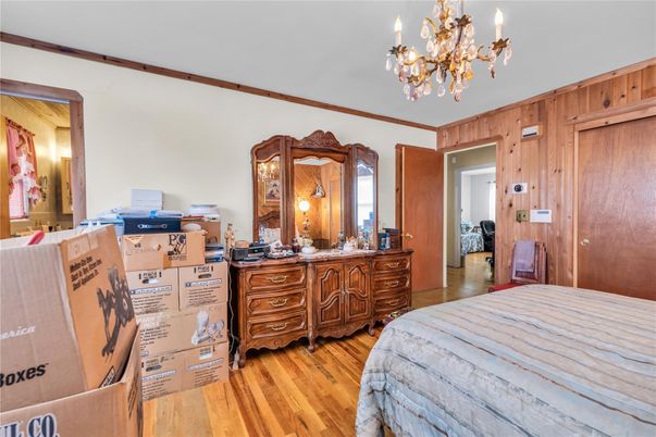 Bedroom, Chandelier, Interior, Wood Texture Flooring, Wooden Walls