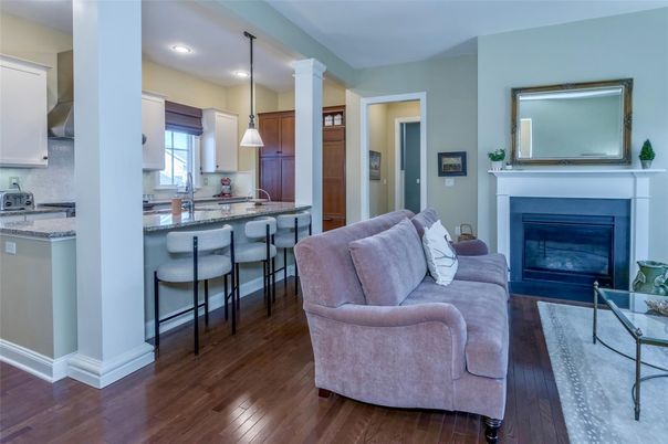 Fireplace, Interior, Kitchen, Living room, Pendant Lights, Recessed Lighting, Wood Texture Flooring