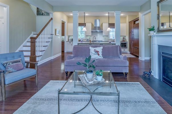 Fireplace, Interior, Kitchen, Living room, Pendant Lights, Recessed Lighting, Stainless Steel Appliances, Wood Texture Flooring