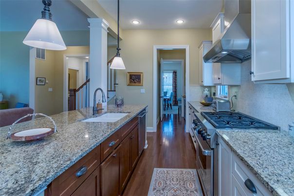 Interior, Kitchen, Pendant Lights, Recessed Lighting, Stainless Steel Appliances, Wood Texture Flooring