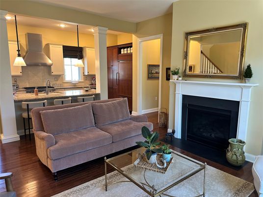 Fireplace, Interior, Kitchen, Living room, Pendant Lights, Recessed Lighting, Wood Texture Flooring