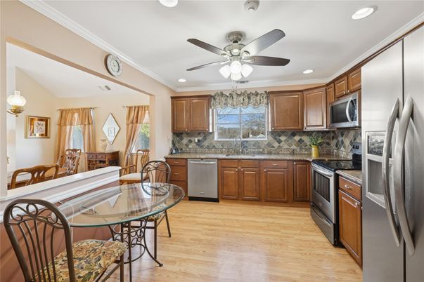 Dining room, Interior, Kitchen, Recessed Lighting, Wood Texture Flooring