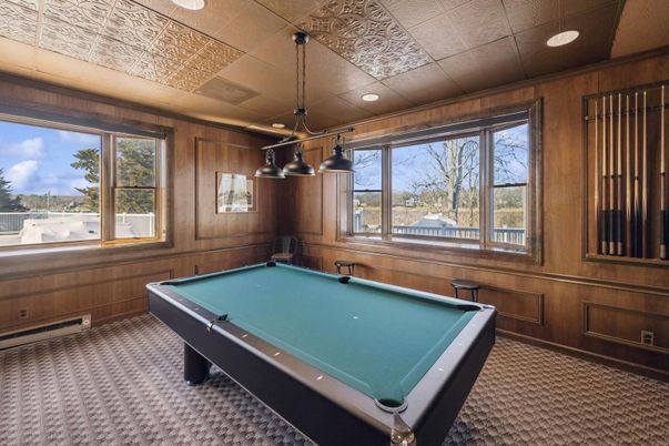 Billiard Table, Game Room, Interior, Pendant Lights, Recessed Lighting, Wooden Walls