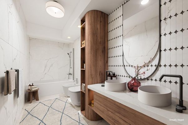 Bathroom, Dual Sink Vanities, Free Standing Baths, Interior, Marble Walls, Recessed Lighting