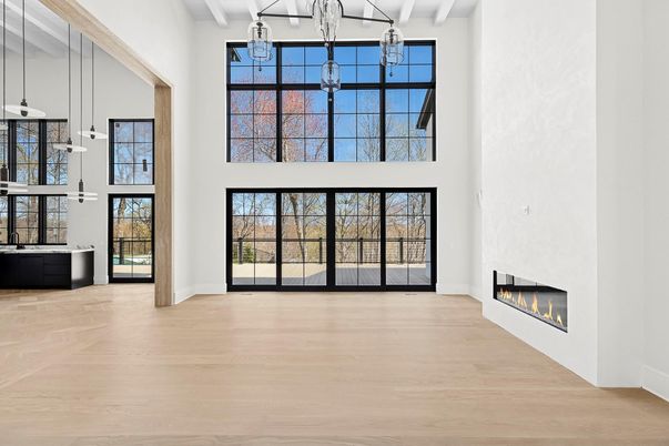 Empty room, Fireplace, Interior, Pendant Lights, Wood Texture Flooring