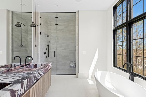 Bathroom, Free Standing Baths, Glass Shower, Interior, Recessed Lighting