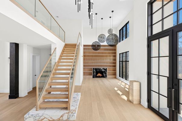 Fireplace, Interior, Pendant Lights, Wood Texture Flooring, Wooden Walls