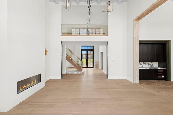 Fireplace, Interior, Pendant Lights, Wood Texture Flooring