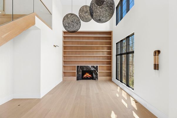 Fireplace, Interior, Pendant Lights, Wood Texture Flooring, Wooden Walls