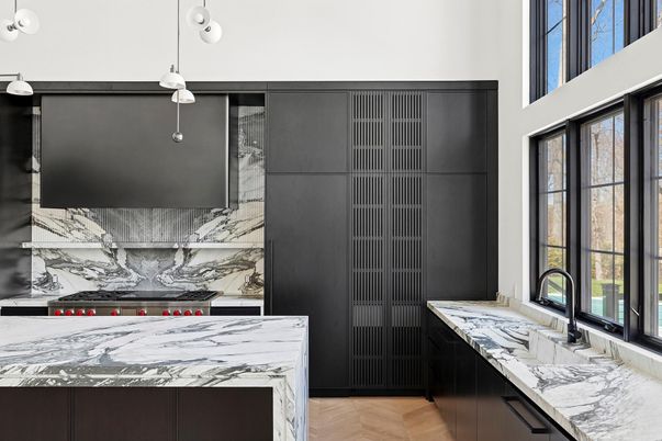 Interior, Kitchen, Marble Walls, Pendant Lights, Stainless Steel Appliances, Wood Texture Flooring