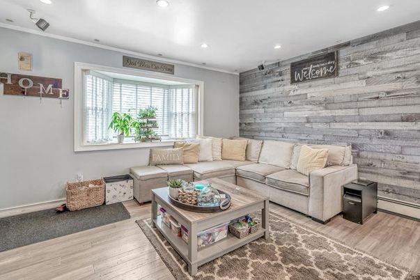 Interior, Living room, Recessed Lighting, Wood Texture Flooring, Wooden Walls